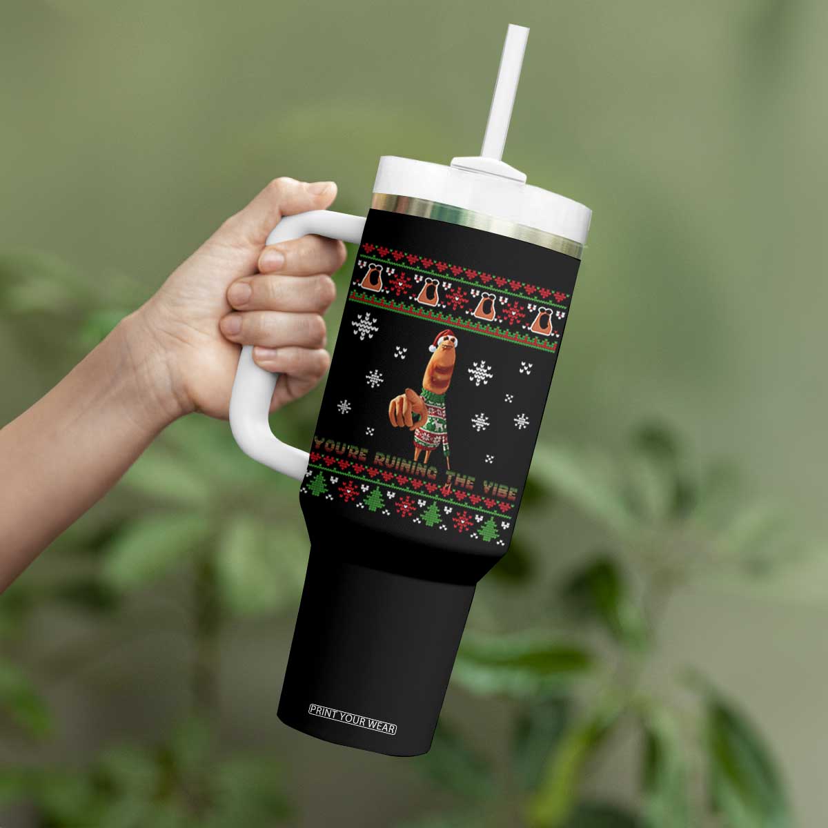 Funny Marcus The Worm You Are Ruining The Vibe Tumbler With Handle Ugly Christmas Gift - Print Your Wear