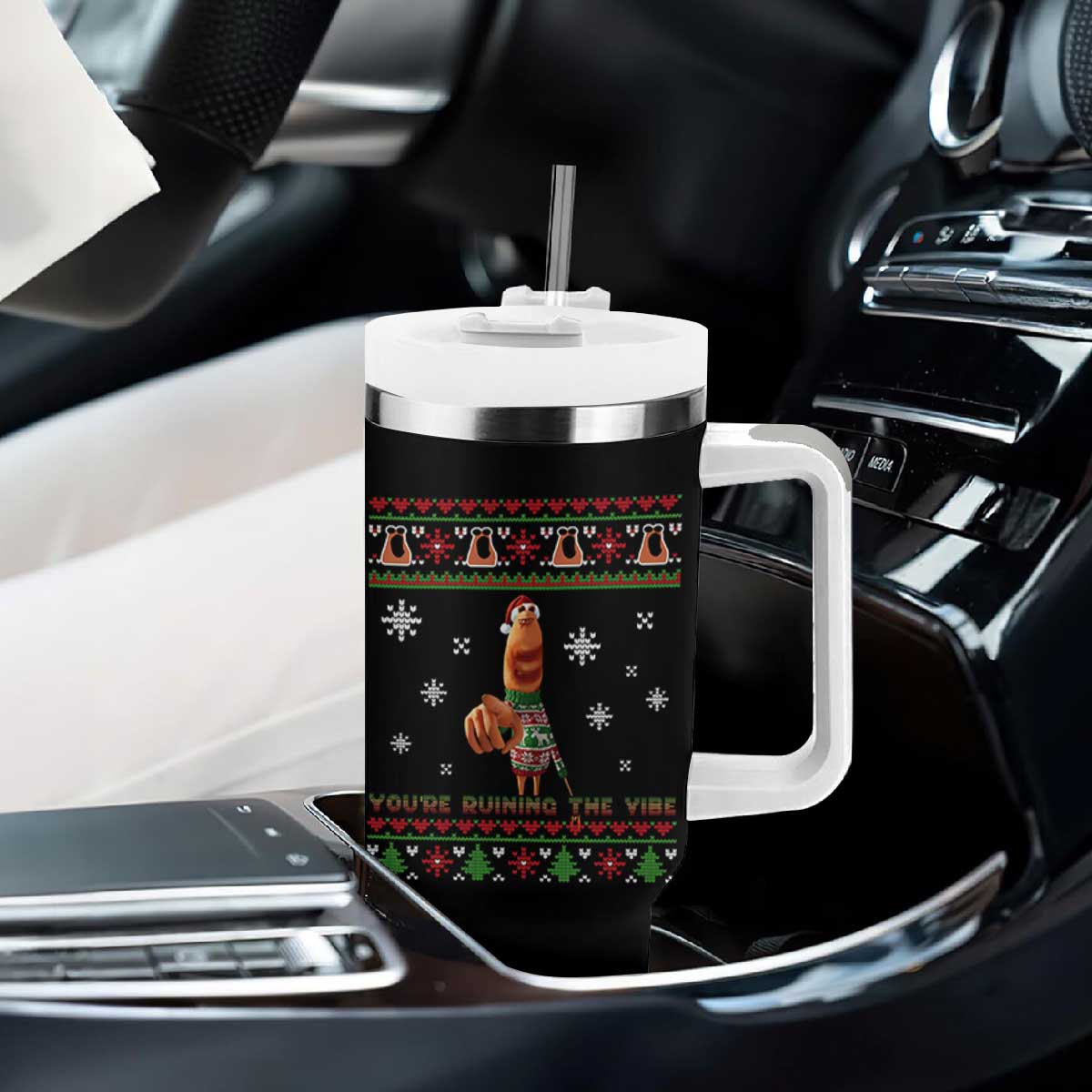 Funny Marcus The Worm You Are Ruining The Vibe Tumbler With Handle Ugly Christmas Gift - Print Your Wear