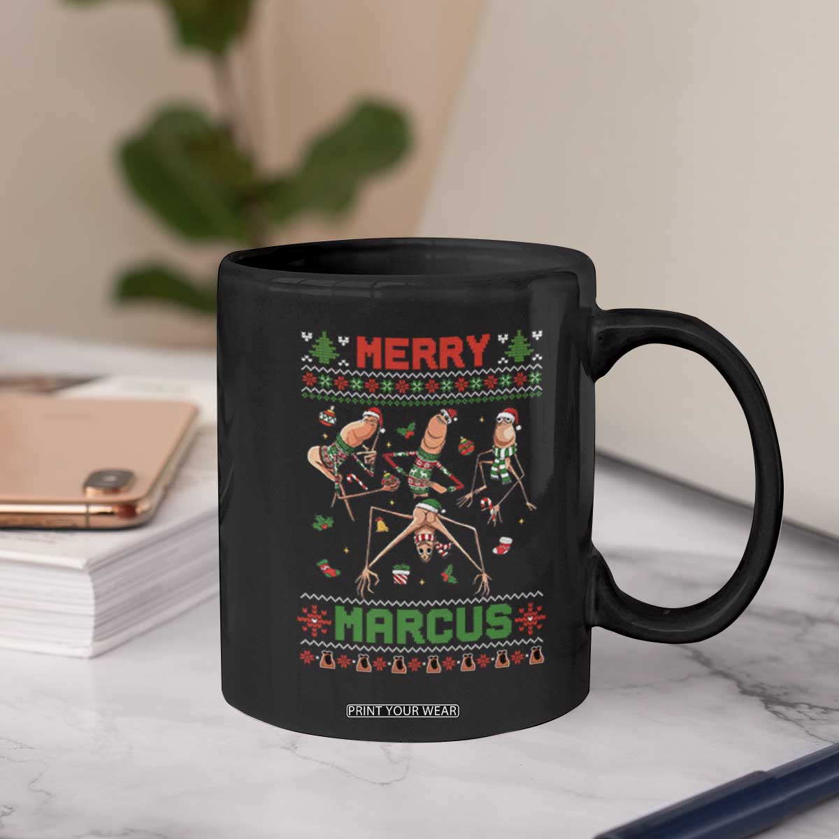 Funny Merry Marcus Coffee Mug Ugly Christmas Marcus The Worm Meme Gift - Print Your Wear