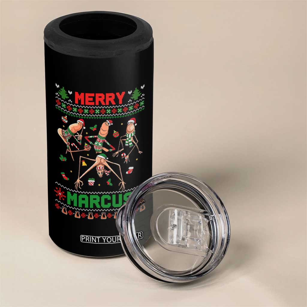 Funny Merry Marcus 4 in 1 Can Cooler Tumbler Ugly Christmas Marcus The Worm Meme Gift - Print Your Wear