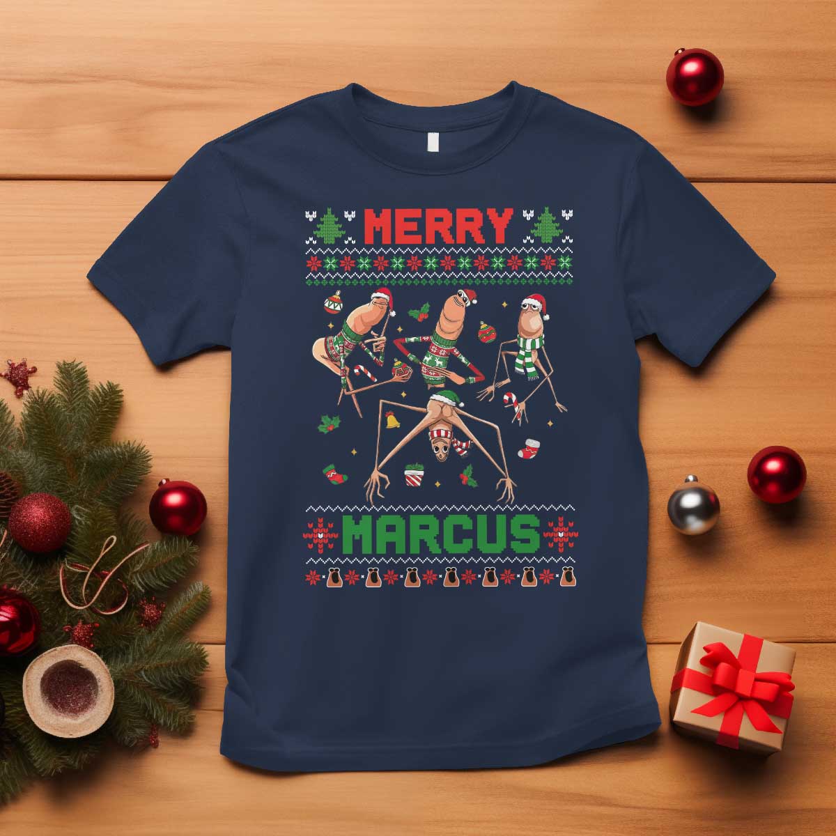 Funny Merry Marcus T Shirt Ugly Christmas Marcus The Worm Meme Gift TS12 Navy Print Your Wear
