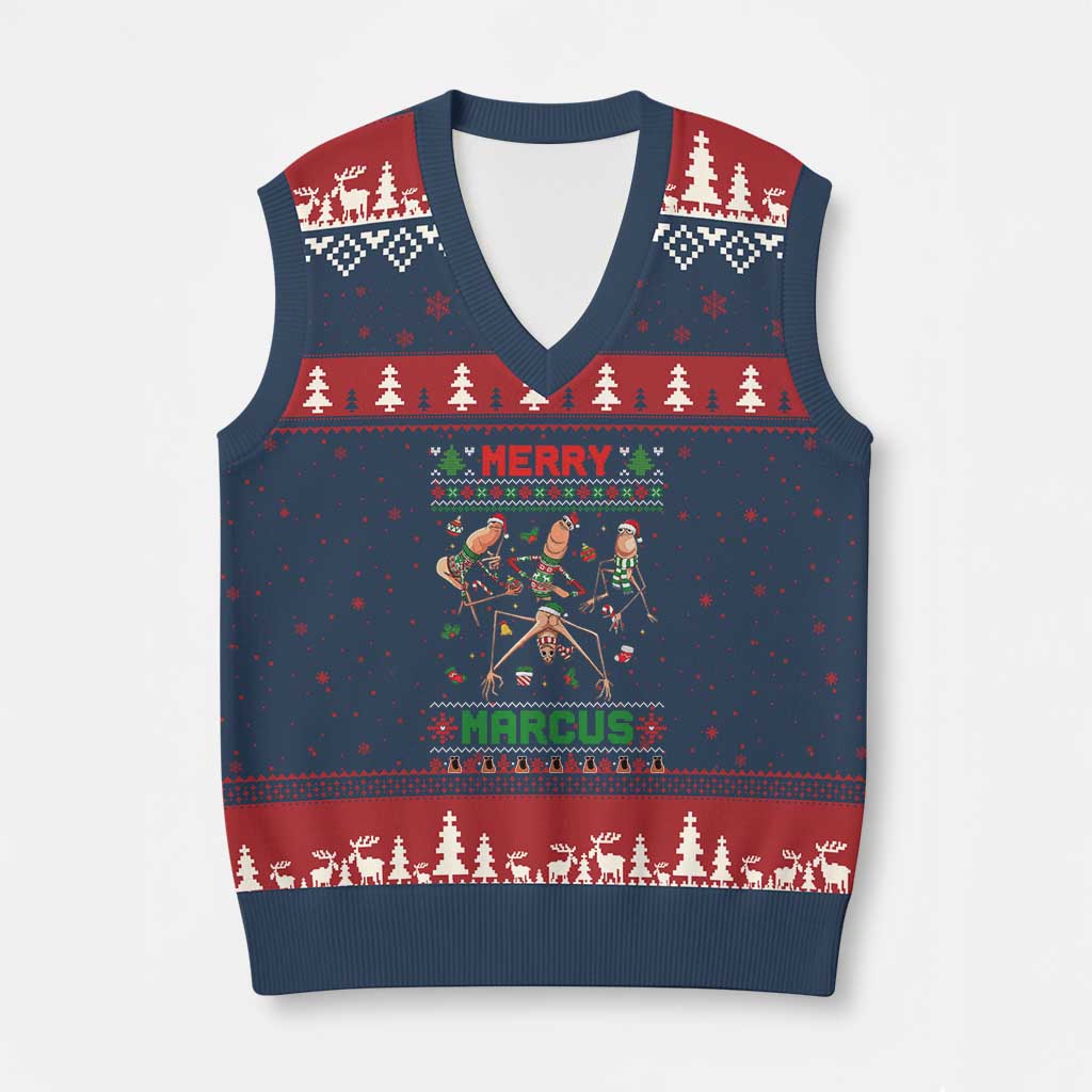Funny Merry Marcus V-Neck Knit Sweater Vest Ugly Xmas Marcus The Worm Meme Gift TS12 Navy Red Print Your Wear