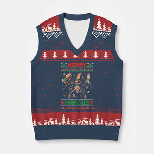 Funny Merry Marcus V-Neck Knit Sweater Vest Ugly Xmas Marcus The Worm Meme Gift TS12 Navy Red Print Your Wear