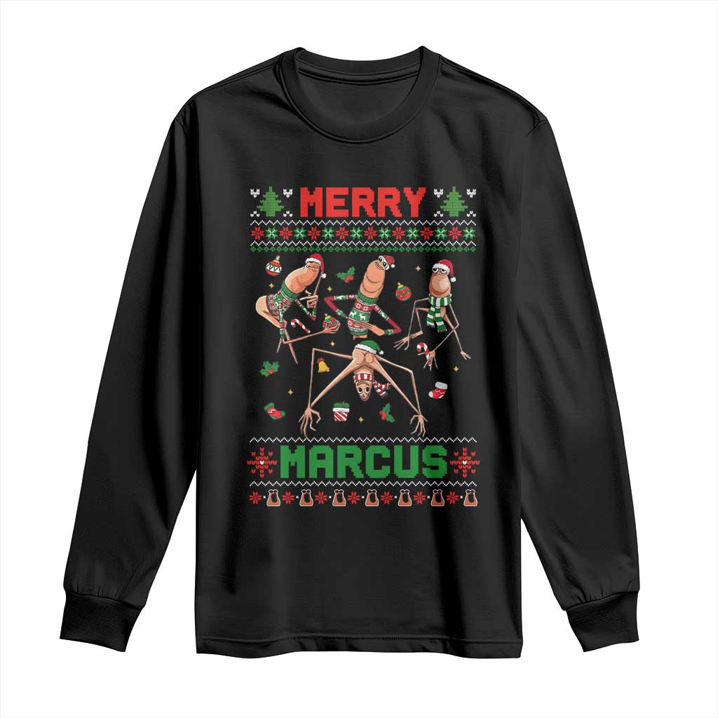 Funny Merry Marcus Long Sleeve Shirt Ugly Christmas Marcus The Worm Meme Gift TS12 Black Print Your Wear