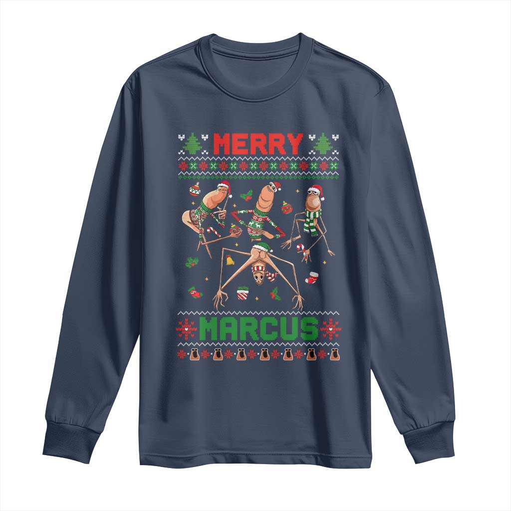 Funny Merry Marcus Long Sleeve Shirt Ugly Christmas Marcus The Worm Meme Gift TS12 Navy Print Your Wear