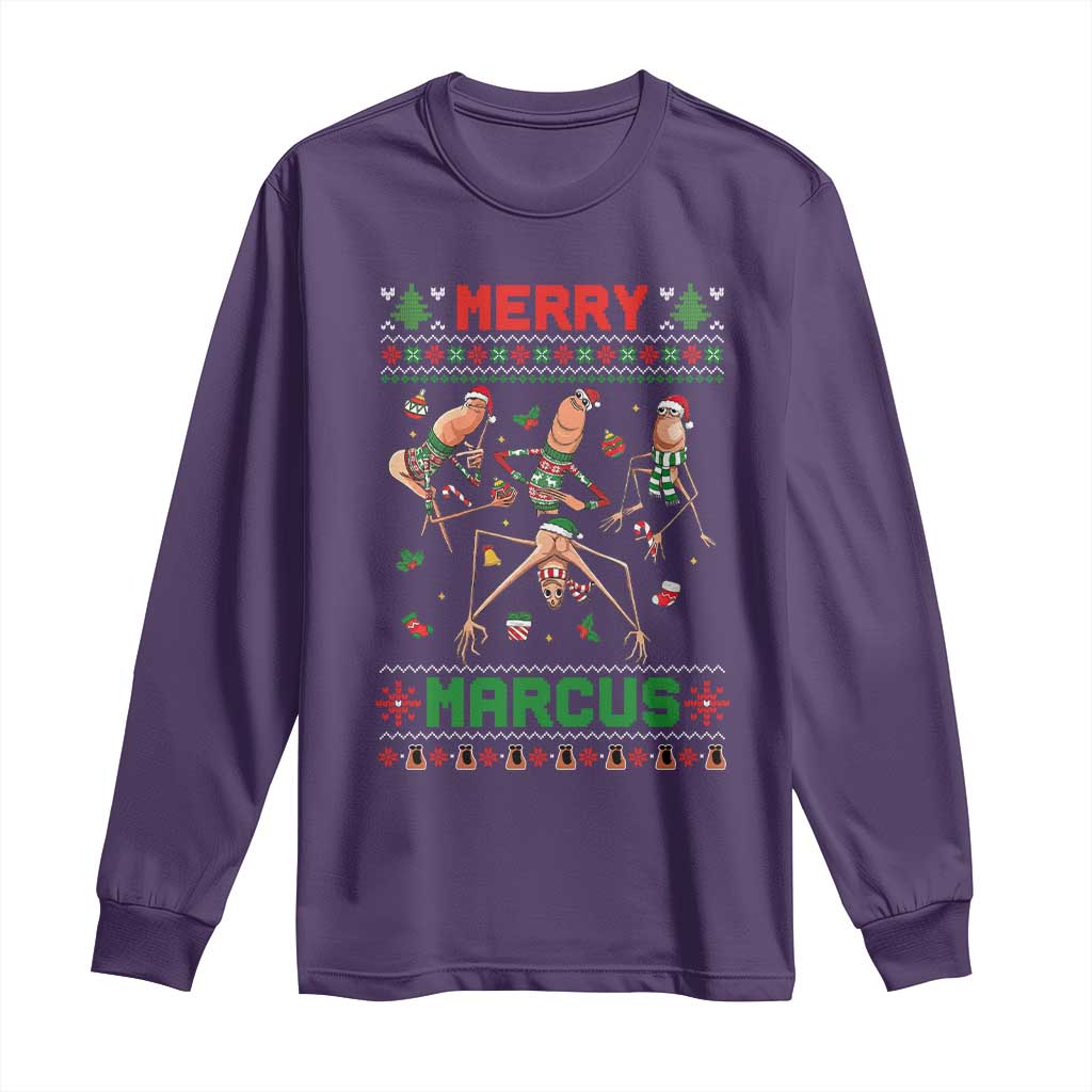 Funny Merry Marcus Long Sleeve Shirt Ugly Christmas Marcus The Worm Meme Gift TS12 Purple Print Your Wear