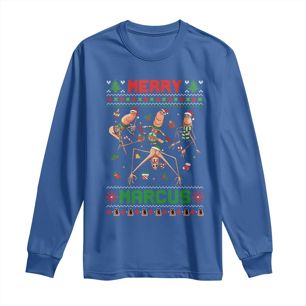Funny Merry Marcus Long Sleeve Shirt Ugly Christmas Marcus The Worm Meme Gift TS12 Royal Blue Print Your Wear