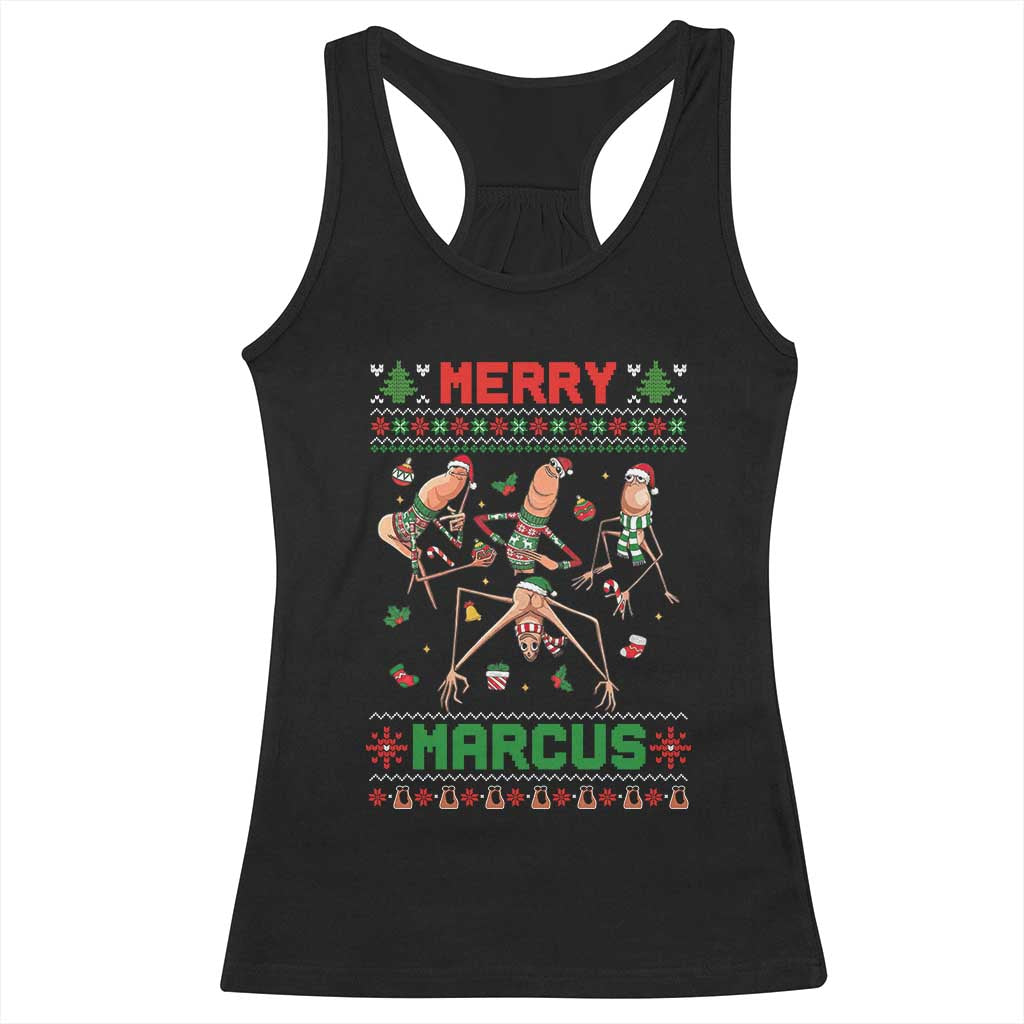 Funny Merry Marcus Racerback Tank Top Ugly Christmas Marcus The Worm Meme Gift TS12 Black Print Your Wear