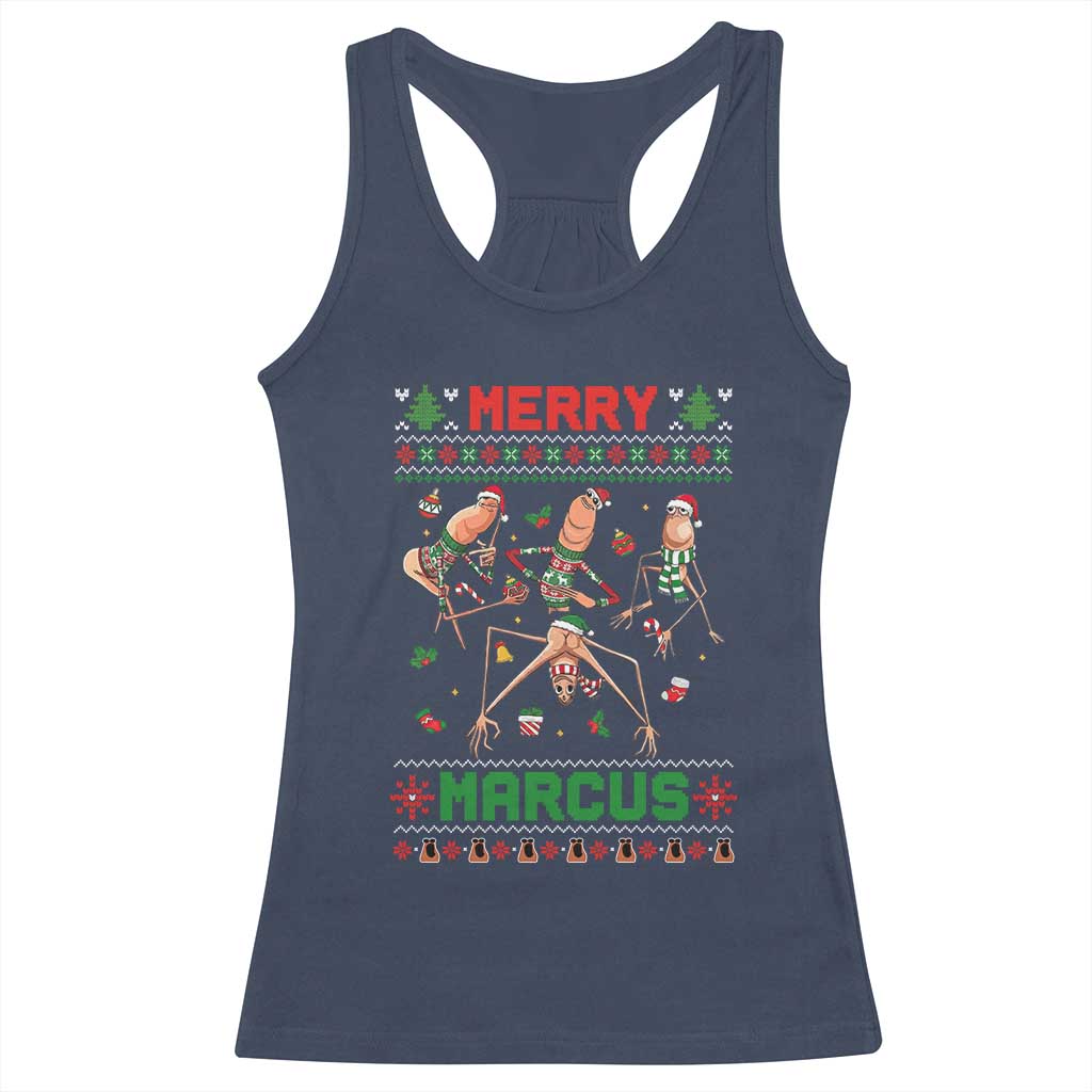 Funny Merry Marcus Racerback Tank Top Ugly Christmas Marcus The Worm Meme Gift TS12 Navy Print Your Wear