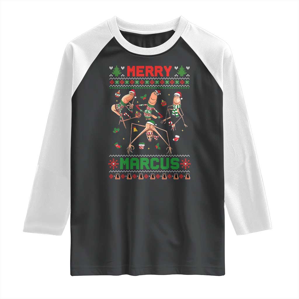Funny Merry Marcus Raglan Shirt Ugly Christmas Marcus The Worm Meme Gift TS12 Black White Print Your Wear