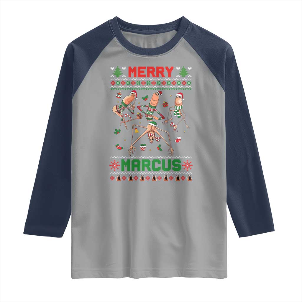Funny Merry Marcus Raglan Shirt Ugly Christmas Marcus The Worm Meme Gift TS12 Sport Gray Navy Print Your Wear