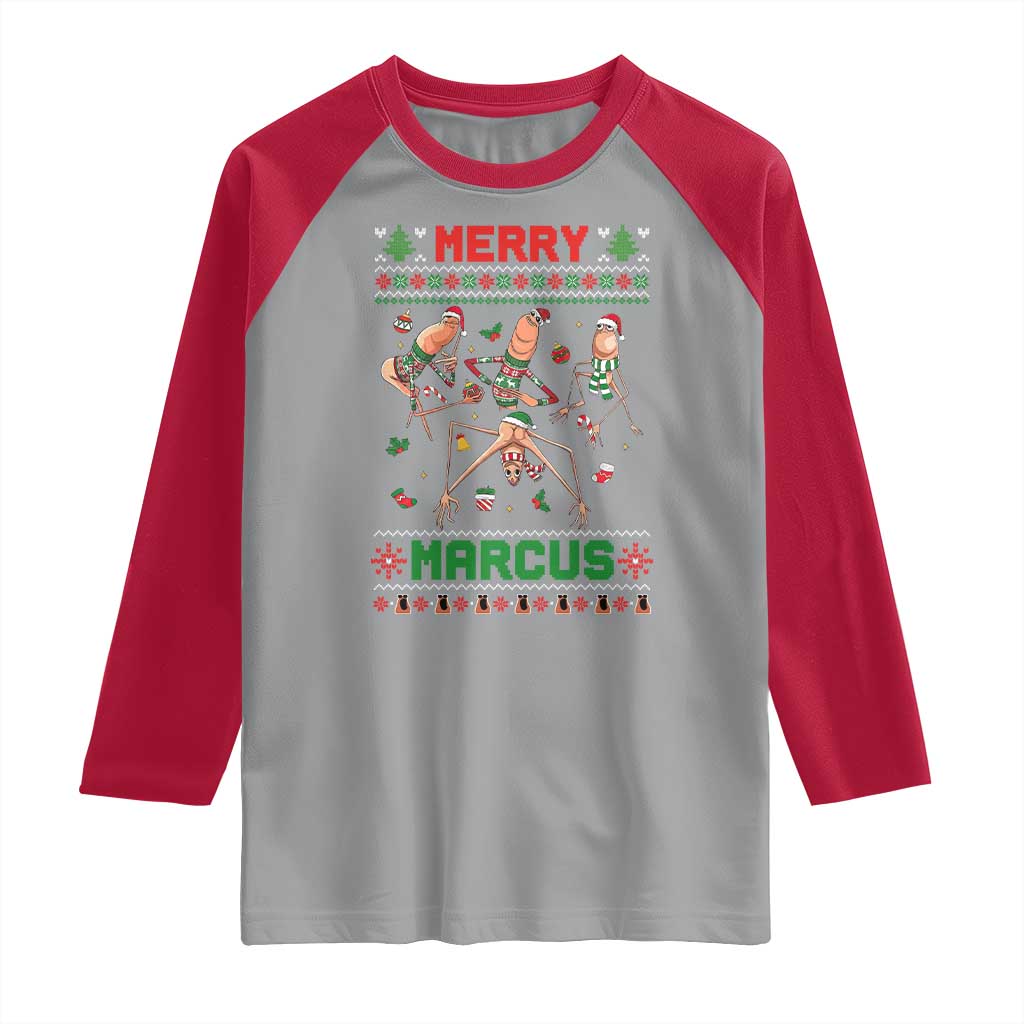 Funny Merry Marcus Raglan Shirt Ugly Christmas Marcus The Worm Meme Gift TS12 Sport Gray Red Print Your Wear