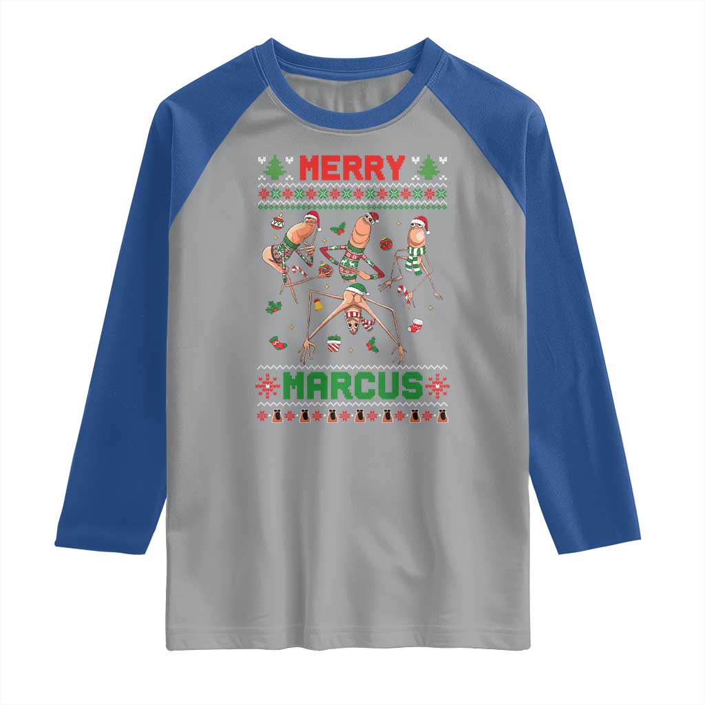 Funny Merry Marcus Raglan Shirt Ugly Christmas Marcus The Worm Meme Gift TS12 Sport Gray Royal Print Your Wear