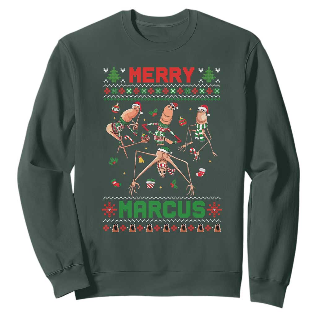 Funny Merry Marcus Sweatshirt Ugly Christmas Marcus The Worm Meme Gift TS12 Dark Forest Green Print Your Wear