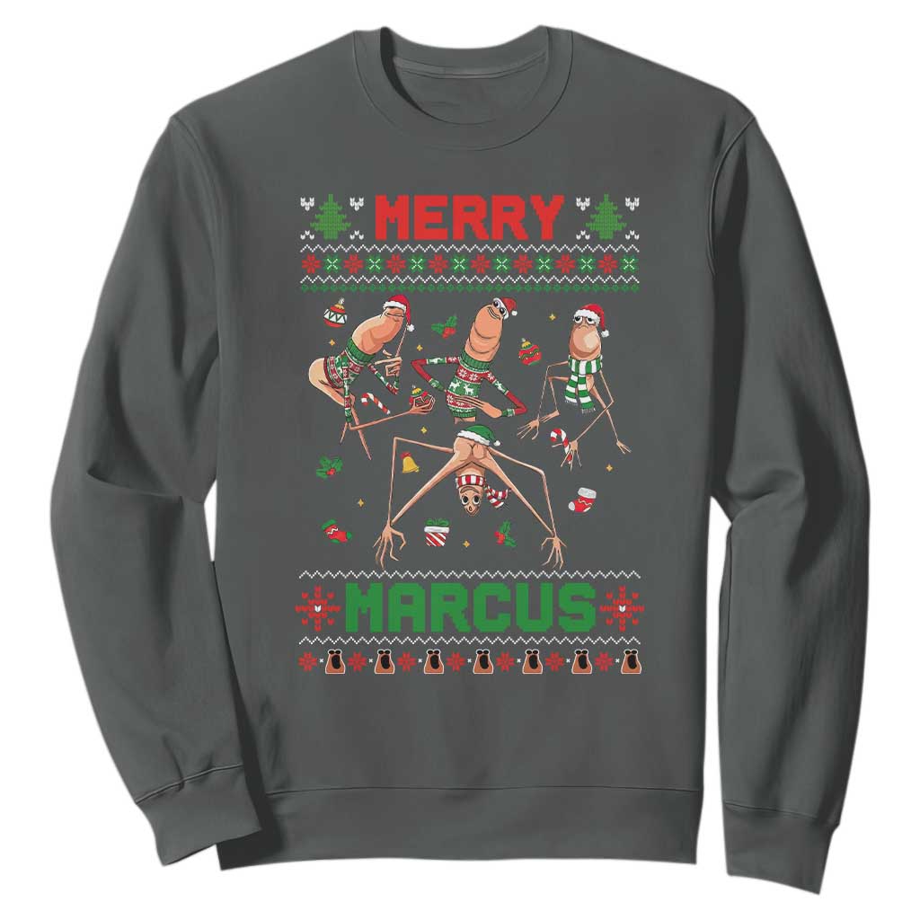Funny Merry Marcus Sweatshirt Ugly Christmas Marcus The Worm Meme Gift TS12 Dark Heather Print Your Wear