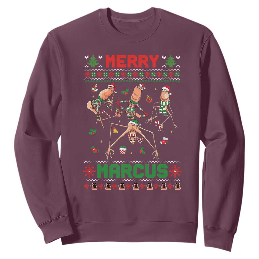 Funny Merry Marcus Sweatshirt Ugly Christmas Marcus The Worm Meme Gift TS12 Maroon Print Your Wear