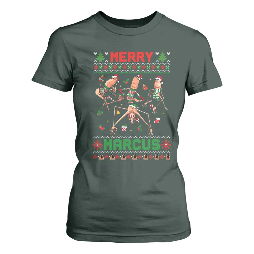 Funny Merry Marcus T Shirt For Women Ugly Christmas Marcus The Worm Meme Gift TS12 Dark Forest Green Print Your Wear