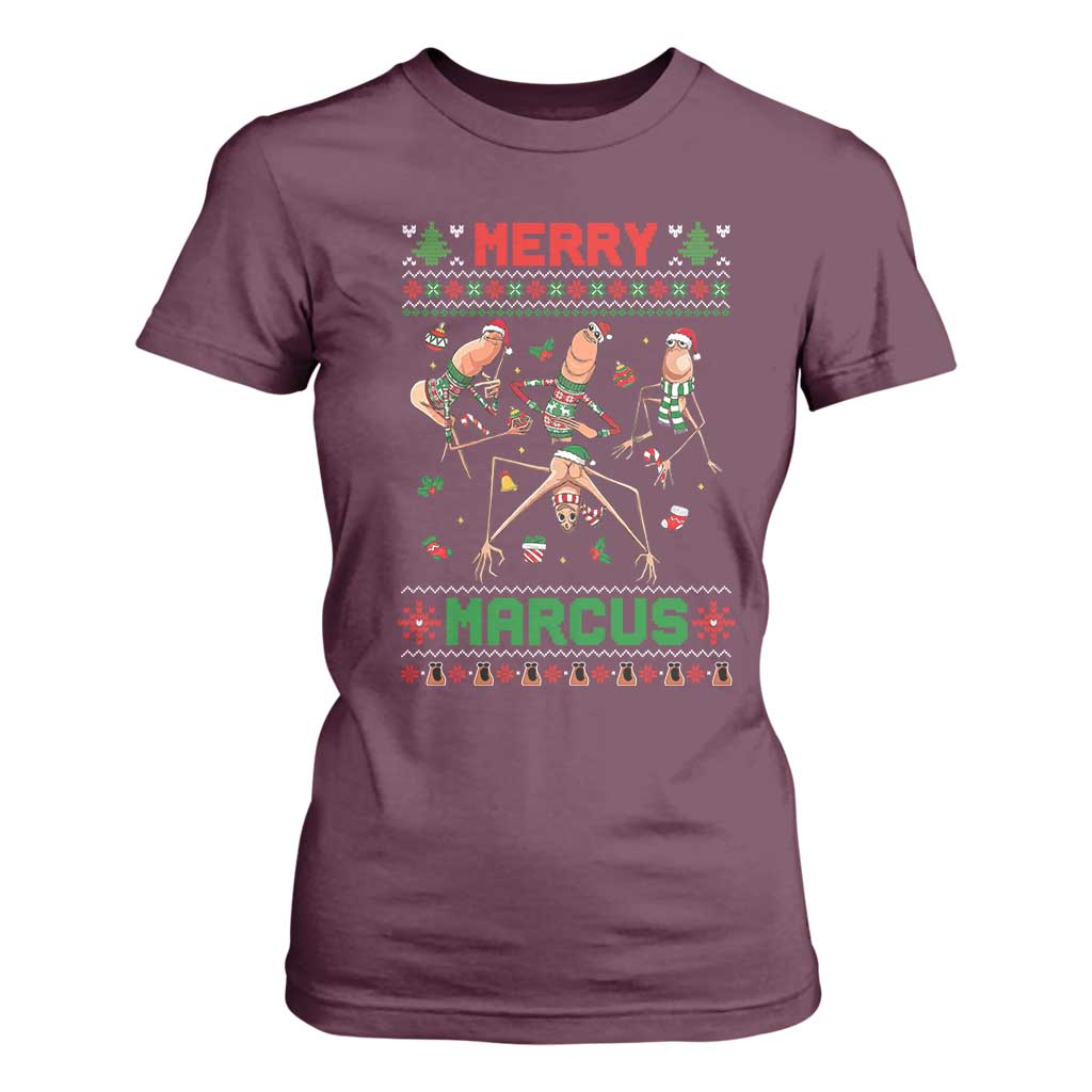 Funny Merry Marcus T Shirt For Women Ugly Christmas Marcus The Worm Meme Gift TS12 Maroon Print Your Wear