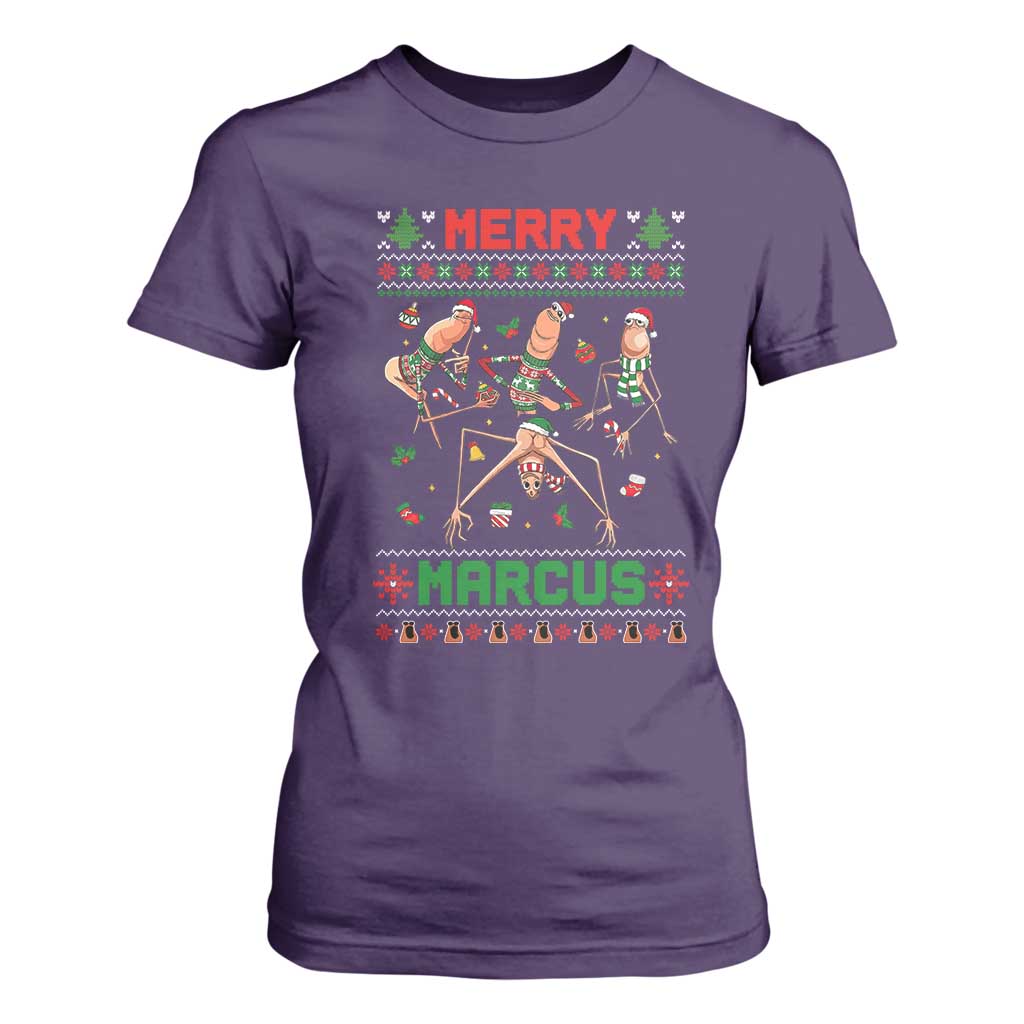 Funny Merry Marcus T Shirt For Women Ugly Christmas Marcus The Worm Meme Gift TS12 Purple Print Your Wear
