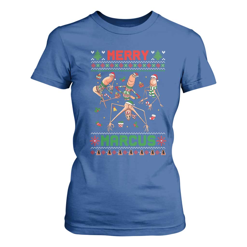 Funny Merry Marcus T Shirt For Women Ugly Christmas Marcus The Worm Meme Gift TS12 Royal Blue Print Your Wear