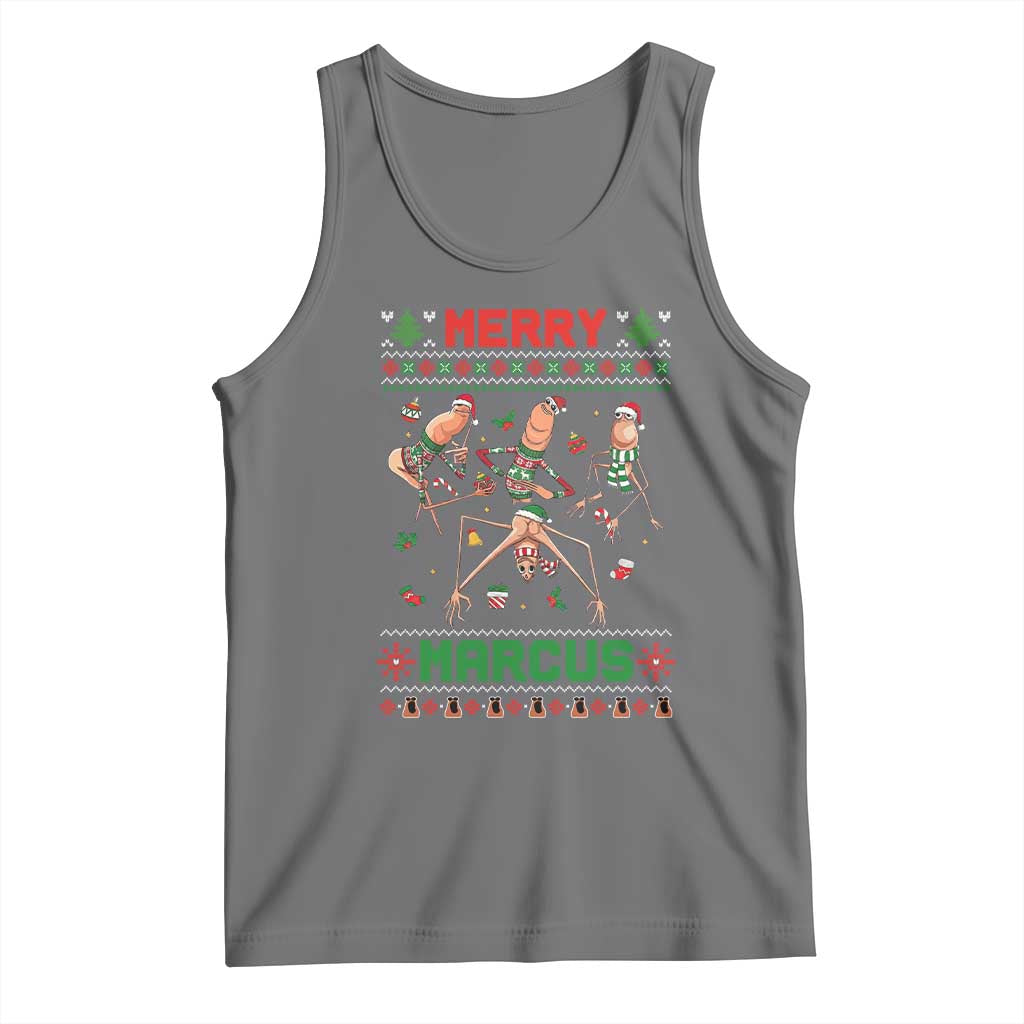 Funny Merry Marcus Tank Top Ugly Christmas Marcus The Worm Meme Gift TS12 Black Heather Print Your Wear