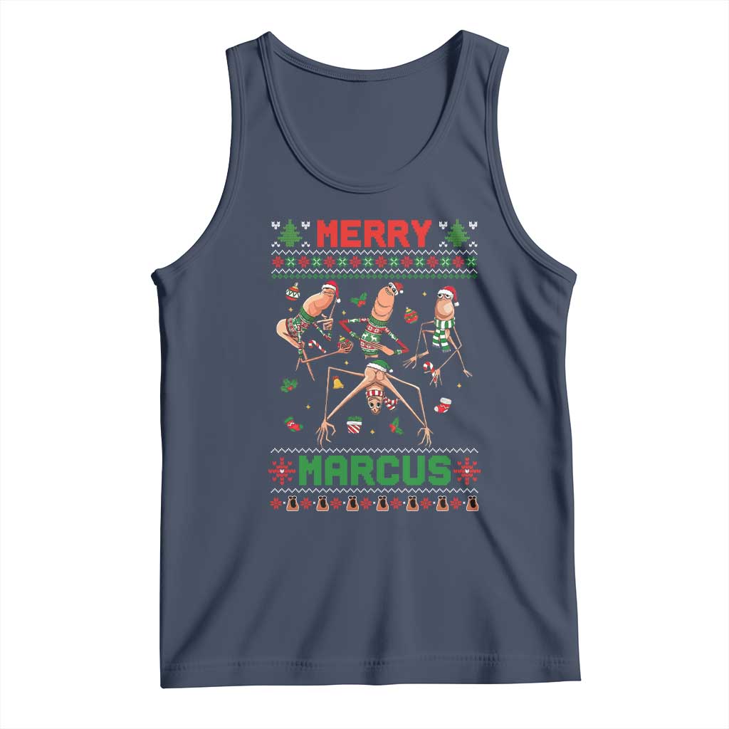 Funny Merry Marcus Tank Top Ugly Christmas Marcus The Worm Meme Gift TS12 Navy Print Your Wear