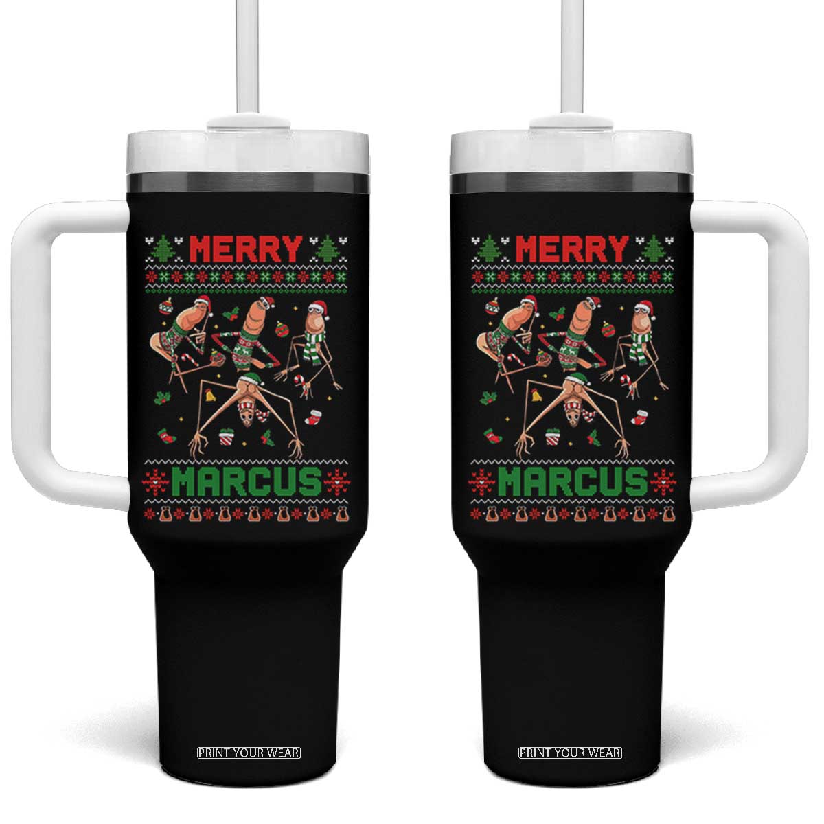 Funny Merry Marcus Tumbler With Handle Ugly Christmas Marcus The Worm Meme Gift - Print Your Wear