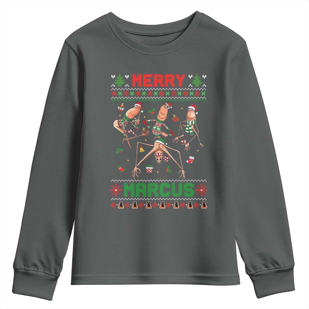Funny Merry Marcus Youth Sweatshirt Ugly Christmas Marcus The Worm Meme Gift TS12 Dark Heather Print Your Wear