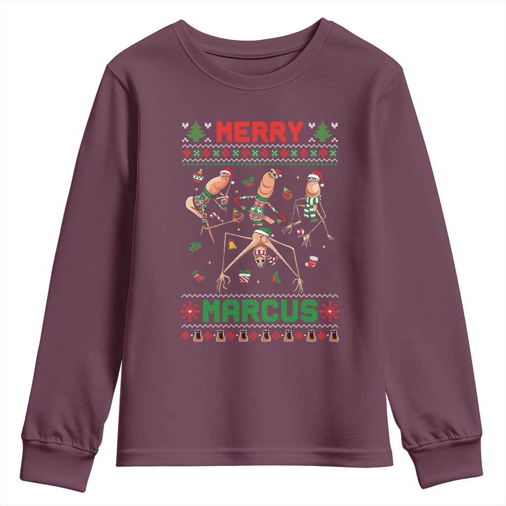 Funny Merry Marcus Youth Sweatshirt Ugly Christmas Marcus The Worm Meme Gift TS12 Maroon Print Your Wear