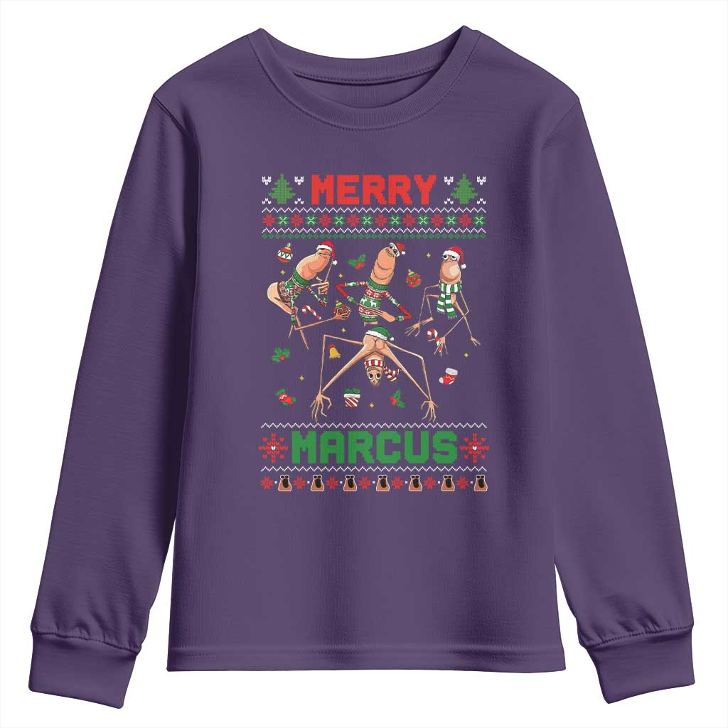 Funny Merry Marcus Youth Sweatshirt Ugly Christmas Marcus The Worm Meme Gift TS12 Purple Print Your Wear