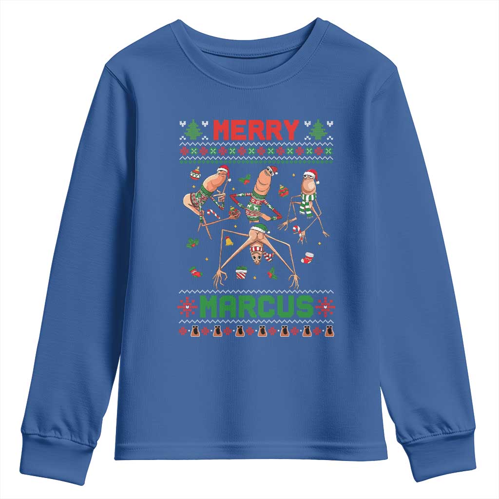 Funny Merry Marcus Youth Sweatshirt Ugly Christmas Marcus The Worm Meme Gift TS12 Royal Blue Print Your Wear