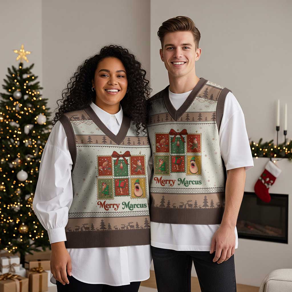 Xmas Marcus The Worm Meme V-Neck Knit Sweater Vest Funny Merry Marcus Gift TS12 Mocha Mousse Print Your Wear