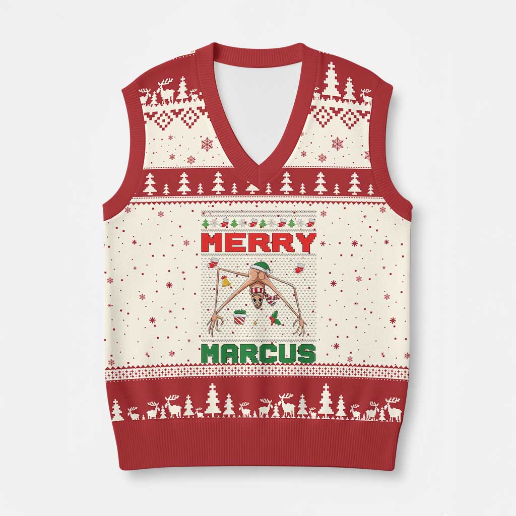 Marcus The Worm Meme Merry Marcus V-Neck Knit Sweater Vest Funny Ugly Xmas Gift TS12 Beige Red Print Your Wear