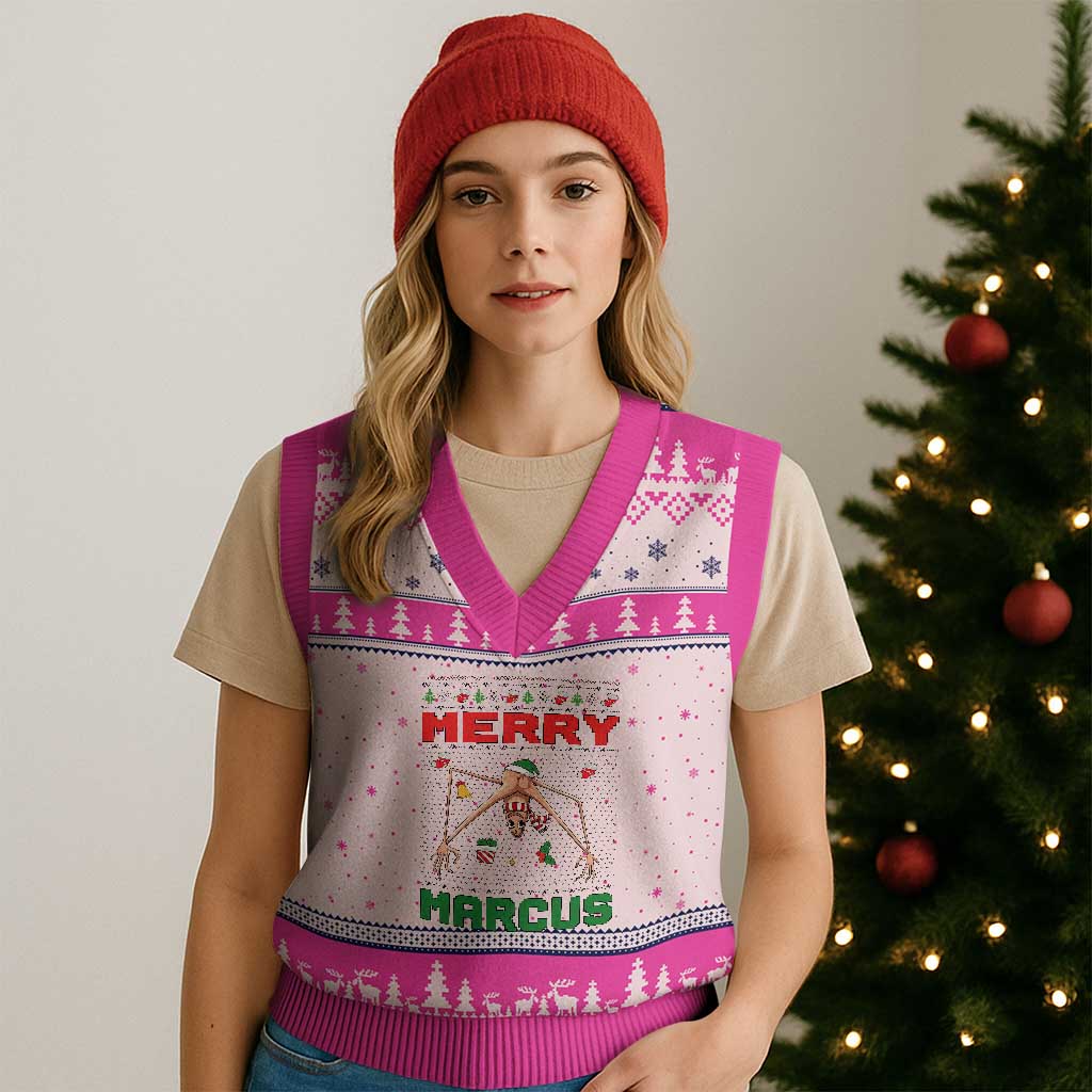 Marcus The Worm Meme Merry Marcus V-Neck Knit Sweater Vest Funny Ugly Xmas Gift TS12 Hot Pink Print Your Wear