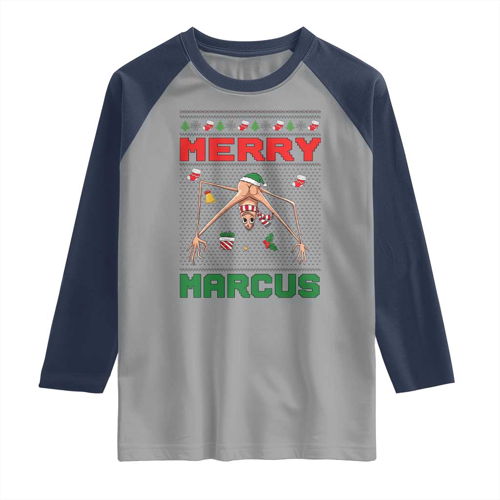 Marcus The Worm Meme Merry Marcus Raglan Shirt Funny Ugly Christmas Gift TS12 Sport Gray Navy Print Your Wear