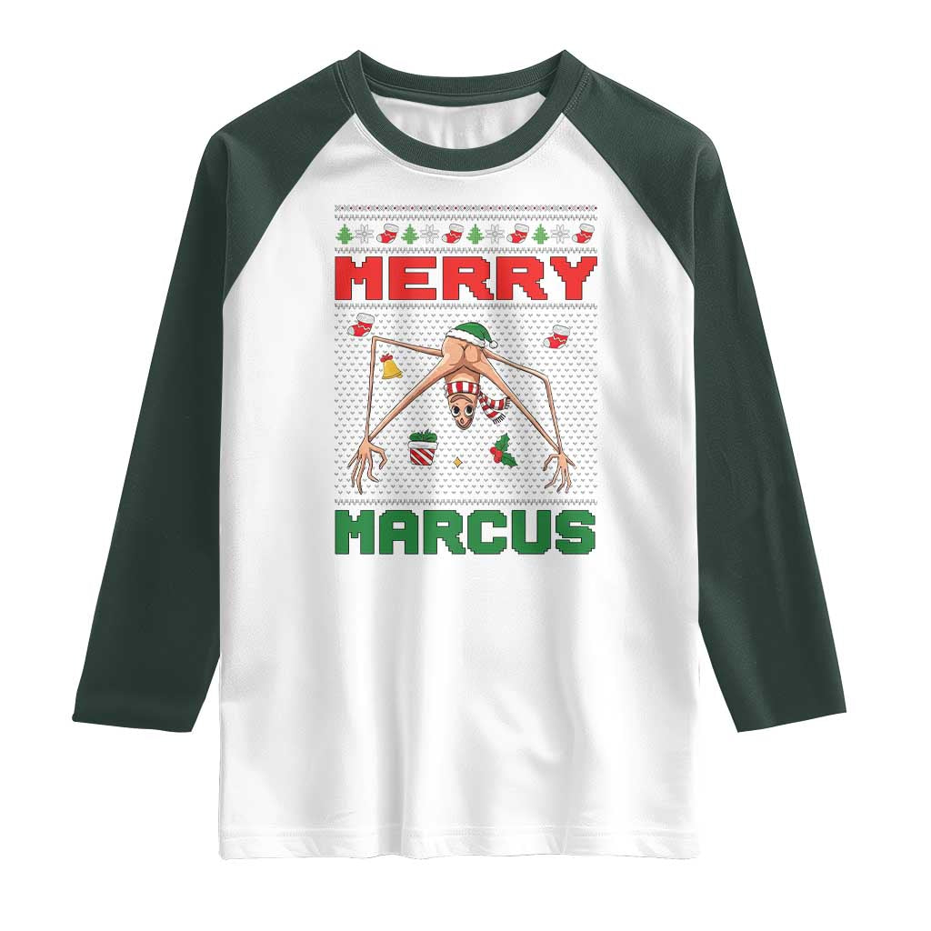 Marcus The Worm Meme Merry Marcus Raglan Shirt Funny Ugly Christmas Gift TS12 White Dark Forest Green Print Your Wear