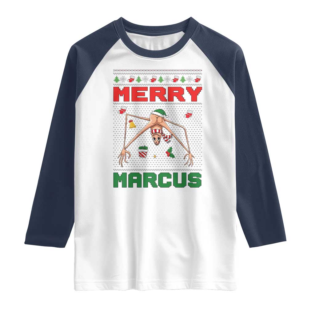 Marcus The Worm Meme Merry Marcus Raglan Shirt Funny Ugly Christmas Gift TS12 White Navy Print Your Wear