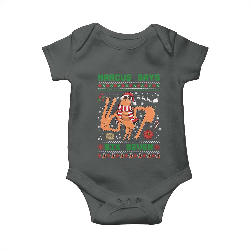 Marcus Says Six Seven Baby Onesie Funny Ugly Christmas Meme Gift TS12 Dark Heather Print Your Wear