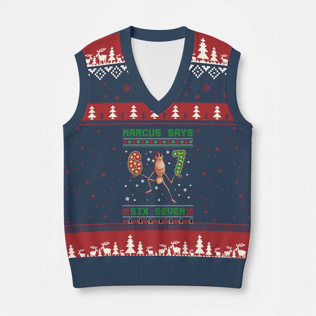 Marcus Says Six Seven Meme Xmas Ugly Sweater V-Neck Knit Sweater Vest Trendy Tiktok Gift TS12 Navy Red Print Your Wear