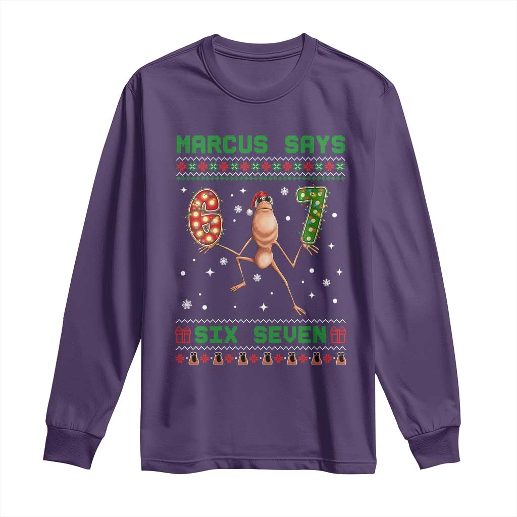 Marcus Says Six Seven Meme Christmas Ugly Sweater Long Sleeve Shirt Trendy Tiktok Gift TS12 Purple Print Your Wear