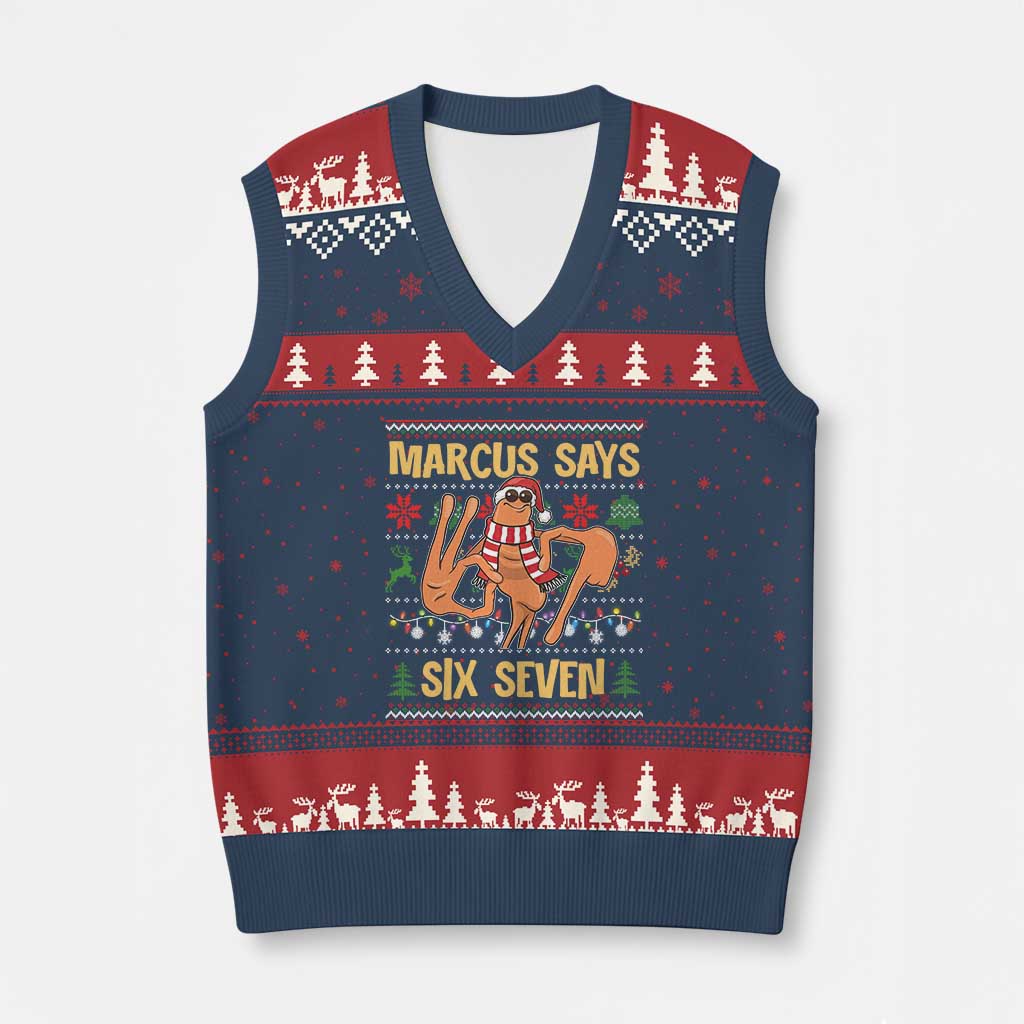 Funny Gen Z Alpha Ugly Xmas Gift V-Neck Knit Sweater Vest Marcus Says Six Seven TS12 Navy Red Print Your Wear