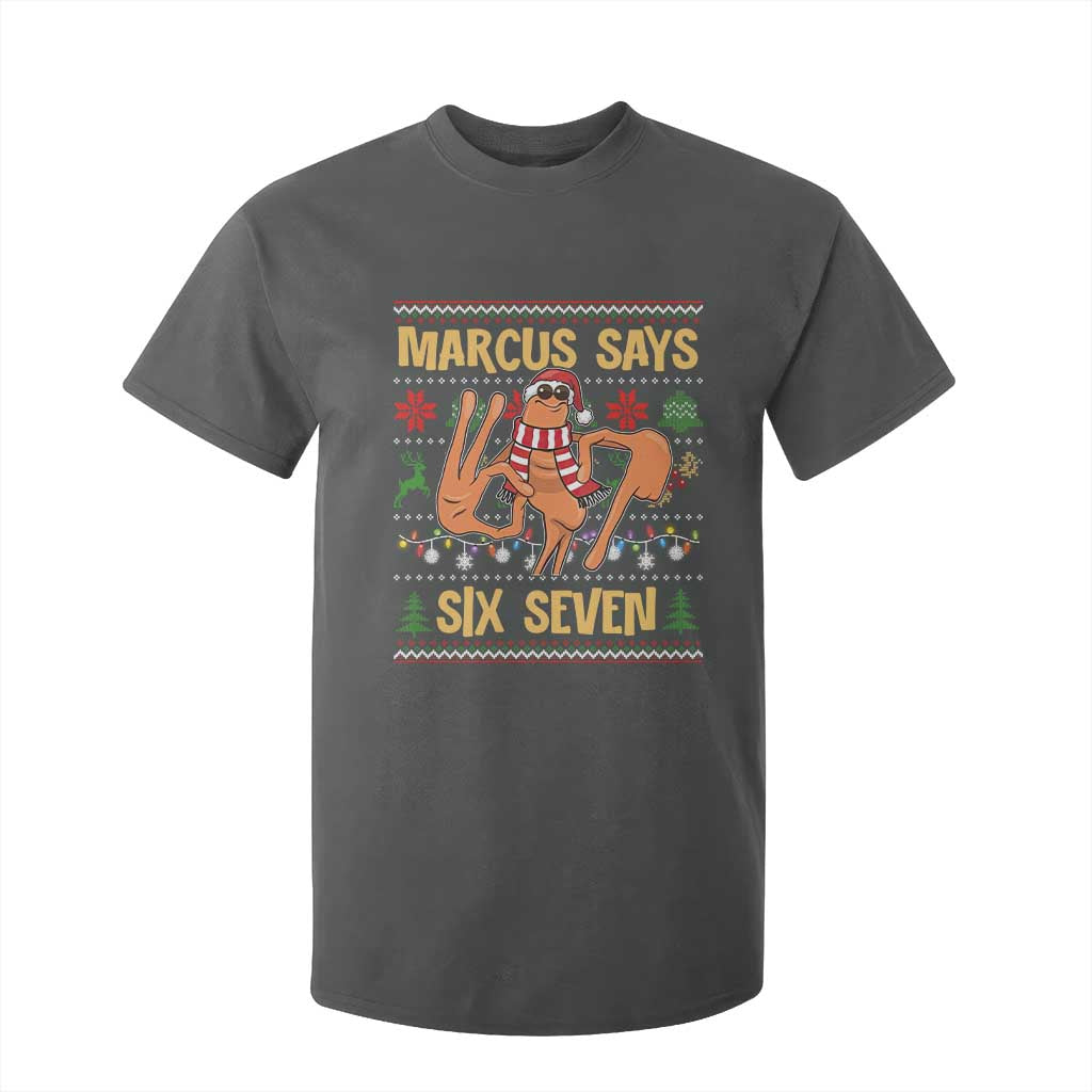 Funny Gen Z Alpha Ugly Christmas Gift T Shirt For Kid Marcus Says Six Seven TS12 Dark Heather Print Your Wear