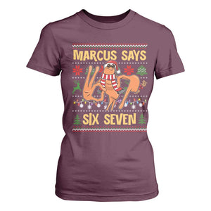 Funny Gen Z Alpha Ugly Christmas Gift T Shirt For Women Marcus Says Six Seven TS12 Maroon Print Your Wear