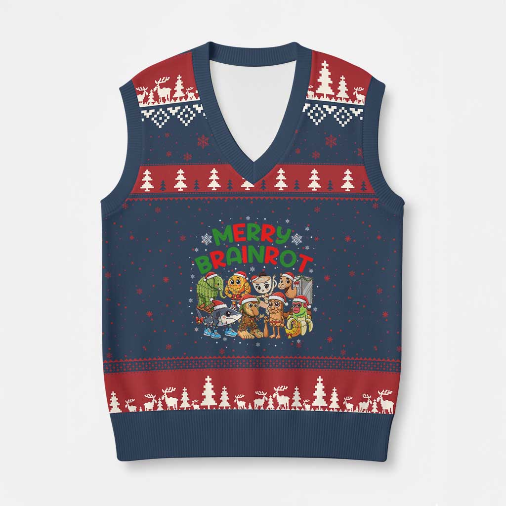 Gen Z Italian Merry Brainrot Xmas V-Neck Knit Sweater Vest Meme Holiday Gift TS12 Navy Red Print Your Wear