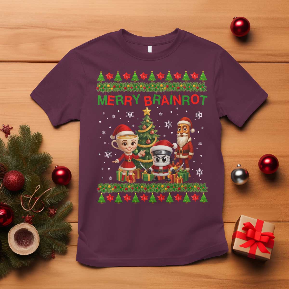 Merry Brainrot T Shirt Funny Ugly Christmas Italian Meme Gift TS12 Maroon Print Your Wear