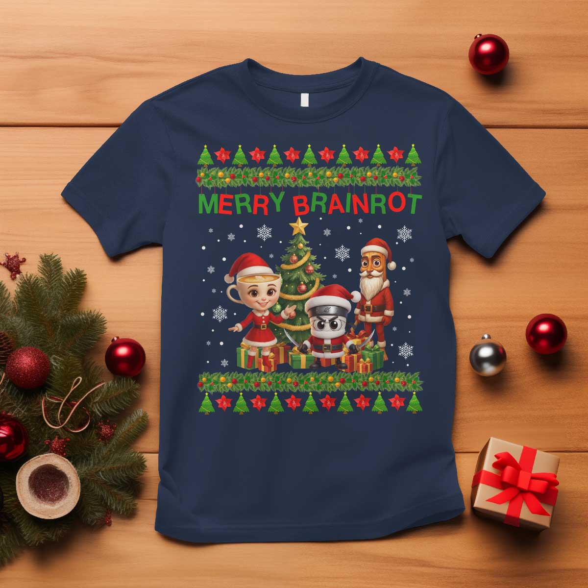Merry Brainrot T Shirt Funny Ugly Christmas Italian Meme Gift TS12 Navy Print Your Wear