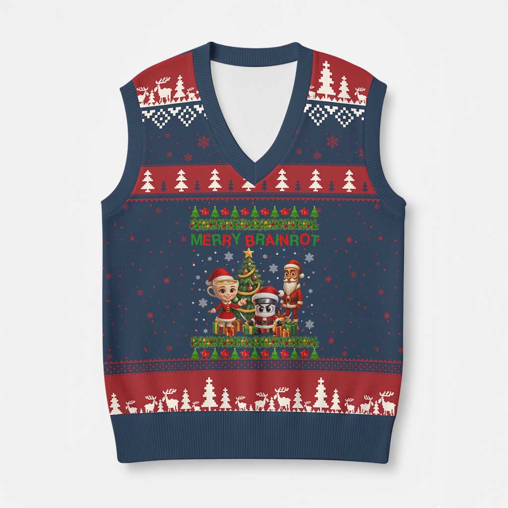 Merry Brainrot V-Neck Knit Sweater Vest Funny Ugly Xmas Italian Meme Gift TS12 Navy Red Print Your Wear