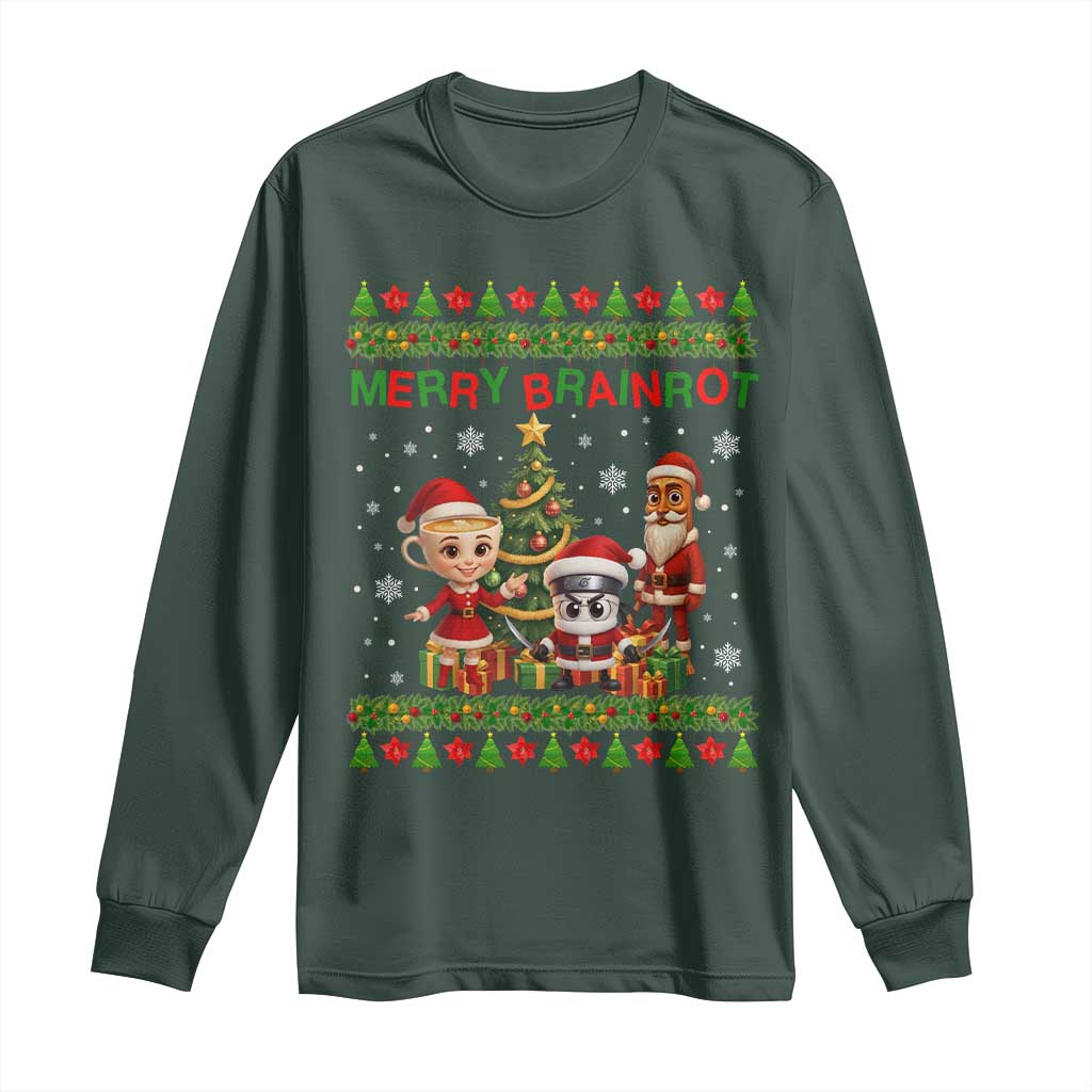 Merry Brainrot Long Sleeve Shirt Funny Ugly Christmas Italian Meme Gift TS12 Dark Forest Green Print Your Wear