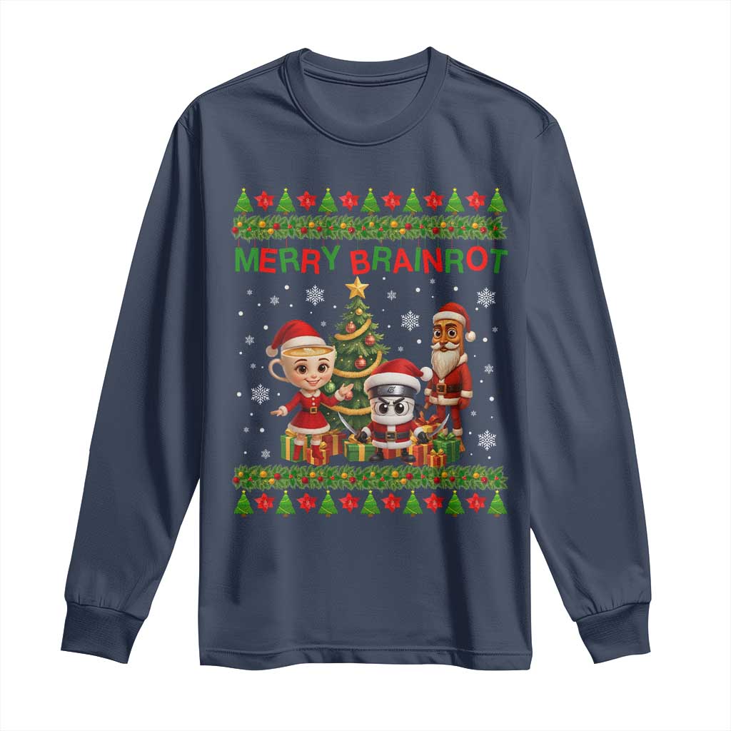 Merry Brainrot Long Sleeve Shirt Funny Ugly Christmas Italian Meme Gift TS12 Navy Print Your Wear