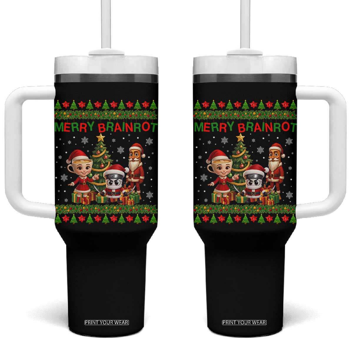 Merry Brainrot Tumbler With Handle Funny Ugly Christmas Italian Meme Gift TS12 One Size: 40 oz Black Print Your Wear